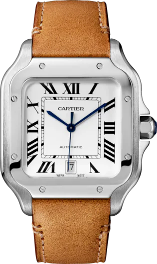 Cartier Santos de Cartier medium model watch with a steel case, silvered opaline dial, and a brown calfskin strap.