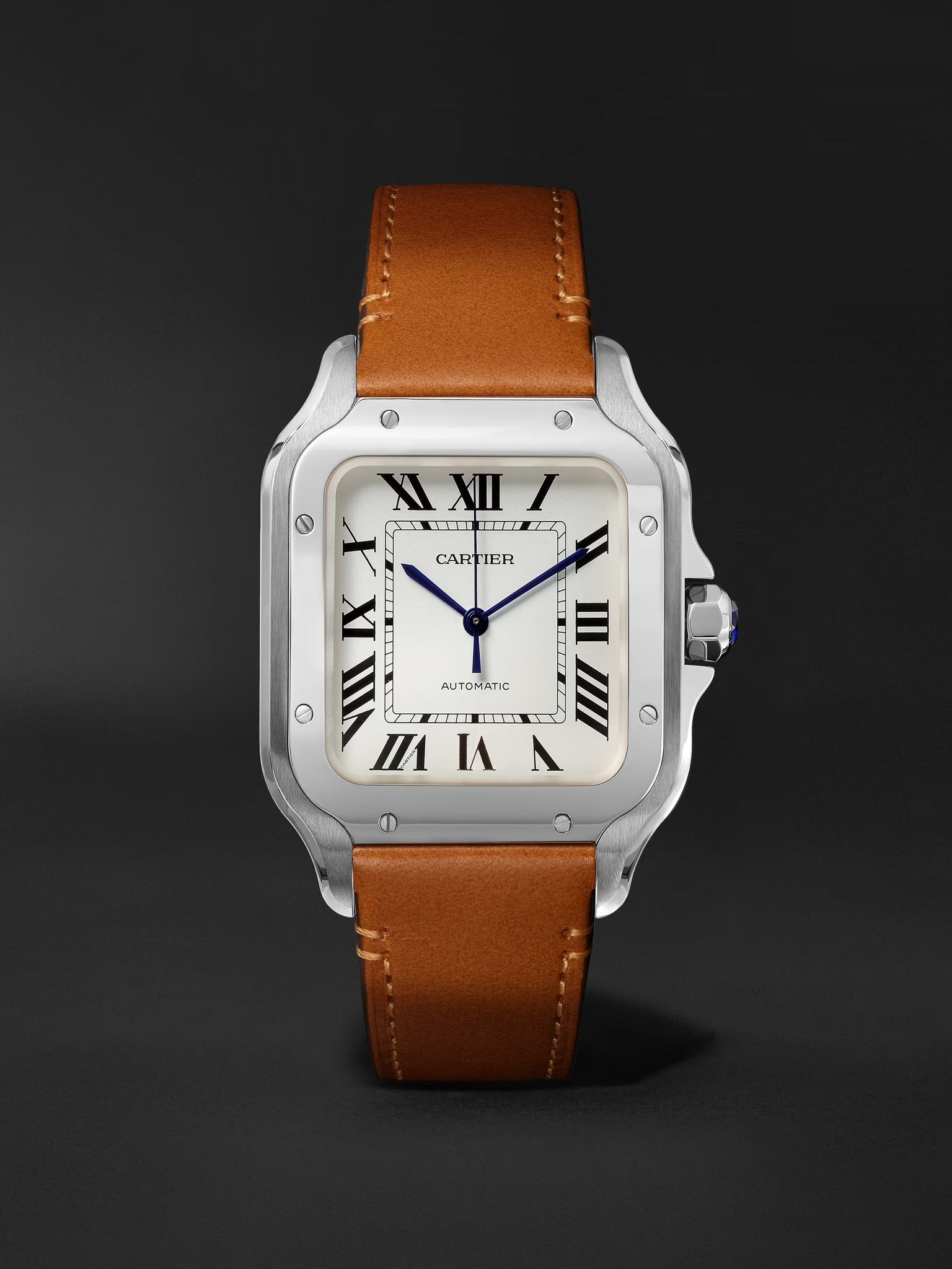 Cartier Santos de Cartier medium model watch with a steel case, silvered opaline dial, and a brown calfskin strap.