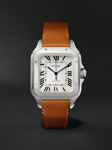Cartier Santos de Cartier medium model watch with a steel case, silvered opaline dial, and a brown calfskin strap.
